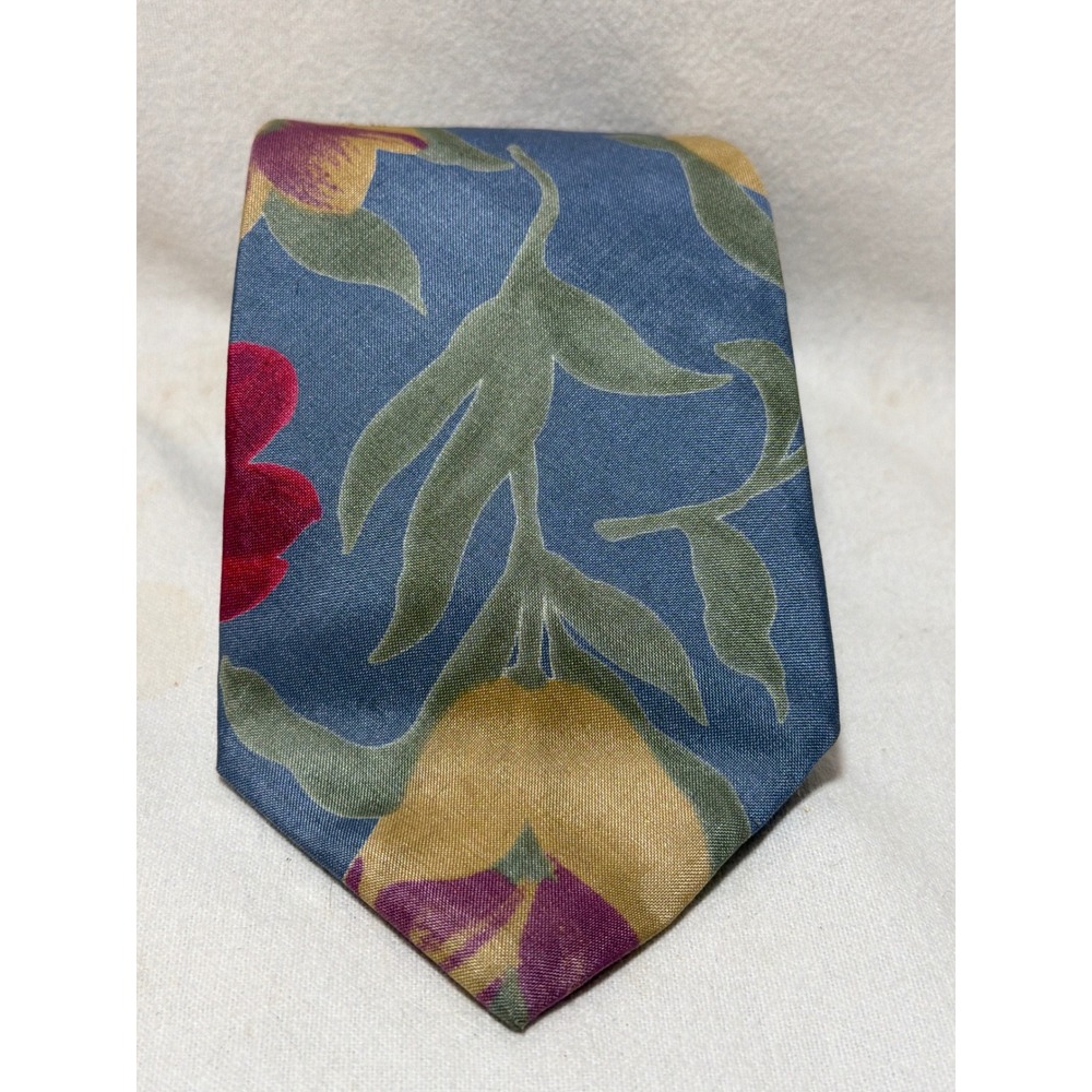 Bert Pulitzer Mens Silk Floral Necktie Blue Gold Burgundy Made in USA 3.5 Wide